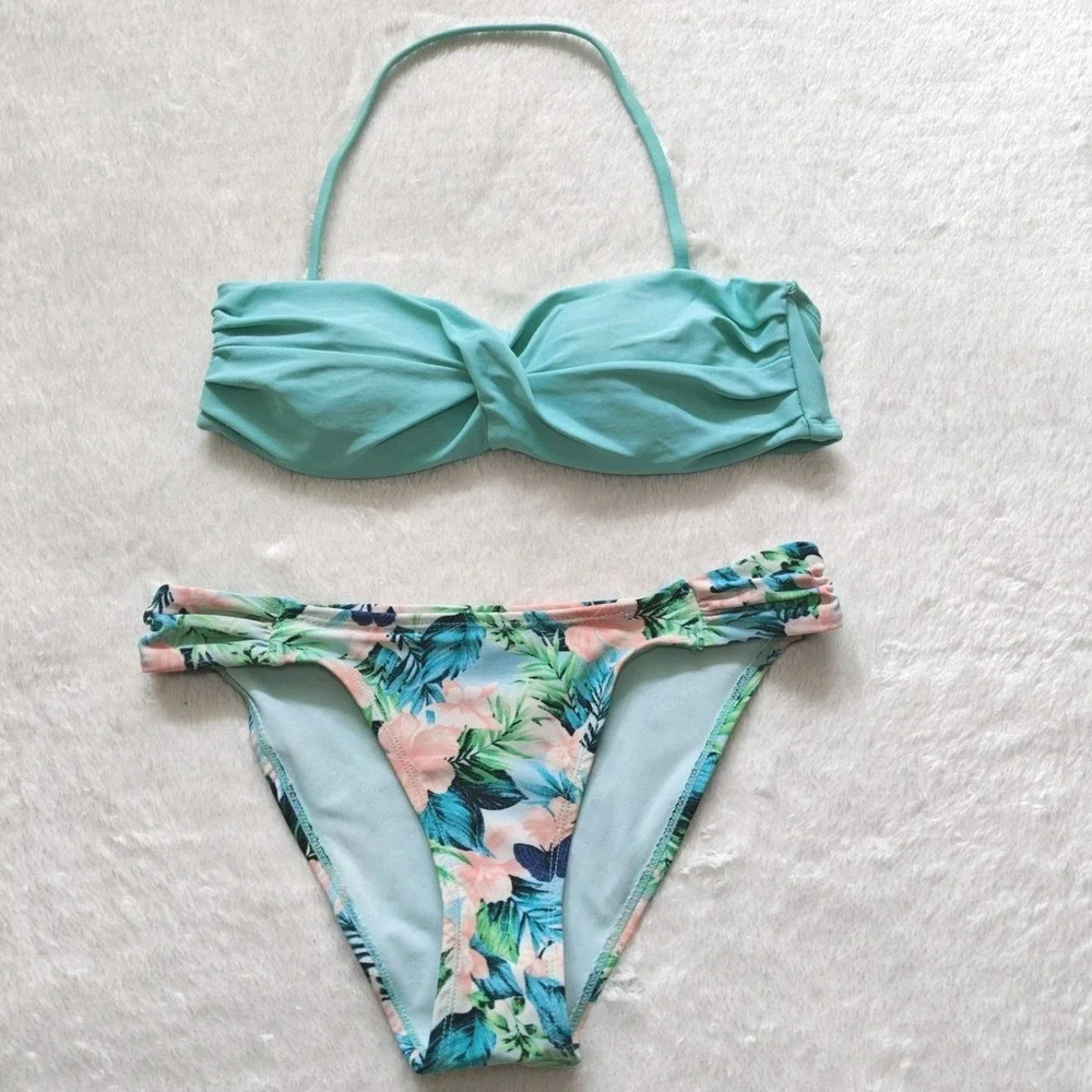 Forever‎ 21 Small Aqua Blue Bandeau Floral Swimsuit Bikini Cheeky Swimwear Set